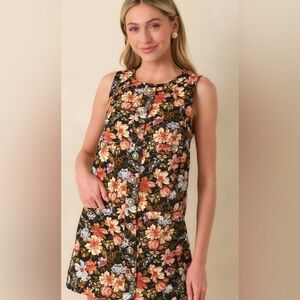 Olivaceous Black Floral Button-Front Top with Coral & Olive Accents